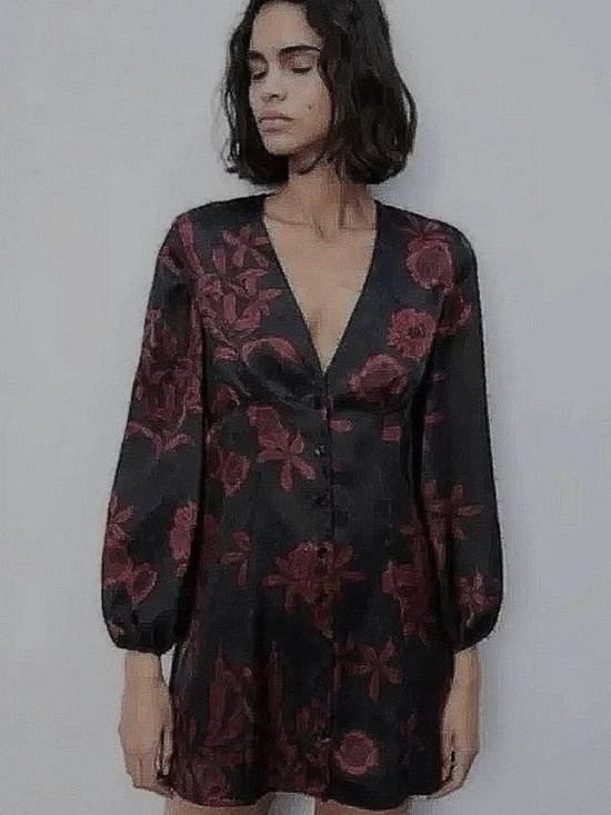 Zara Dresses & Skirts - Zara Deep V Floral Satin Mini Dress - Black with Dark Red Floral Size Small